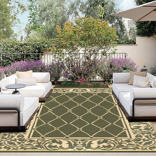 OutdoorLines Indoor Outdoor Rugs for Patio 5x8 ft - Reversible Outside Carpet, Stain & UV Resistant Portable RV Mat, Plastic Straw Rug for Camping, Pool Deck, Porch Rhombus Deep Lichen Green & Vanilla