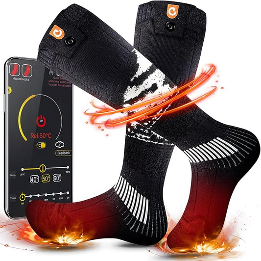 Heated Socks for Men Women - OIGOGOI 5000mAh Rechargeable Electric Heated Socks Foot Warmers 3 Heating Settings with APP Remote Control for Skiing Hiking Camping Running Fishing