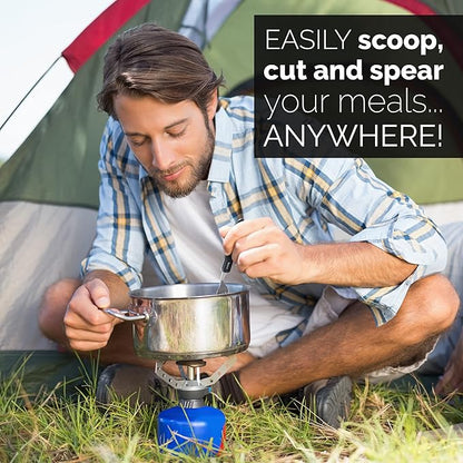 Orblue 4-in-1 Camping Utensils, 2-Pack, Portable Stainless Steel Spoon, Fork, Knife & Bottle Opener Combo Set - Travel, Backpacking Cutlery Multitool, Yellow