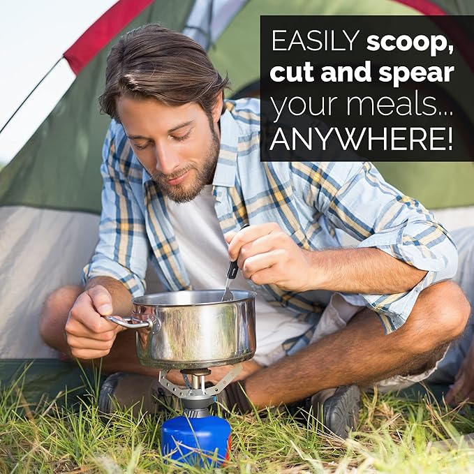 Orblue 4-in-1 Camping Utensils, 2-Pack - Portable Stainless Steel Spoon, Fork, Knife & Bottle Opener Combo Set - Travel, Backpacking Cutlery Multitool, Blue