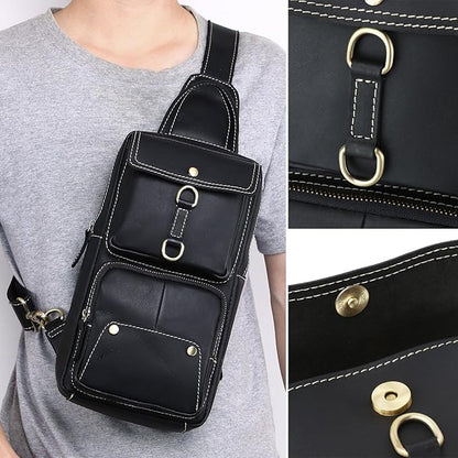 KPYWZER Sling Bag Men Women Genuine Leather Shoulder Backpack Satchel Chest Casual Daypack Crossbody Outdoor Day Pack Backpacks Black