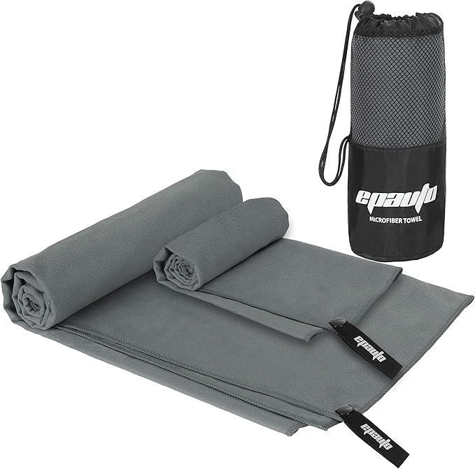 EPAuto 2-Pack Microfiber Fast Drying Travel Gym Towels, Grey, (60''x30'', 24''x15'')