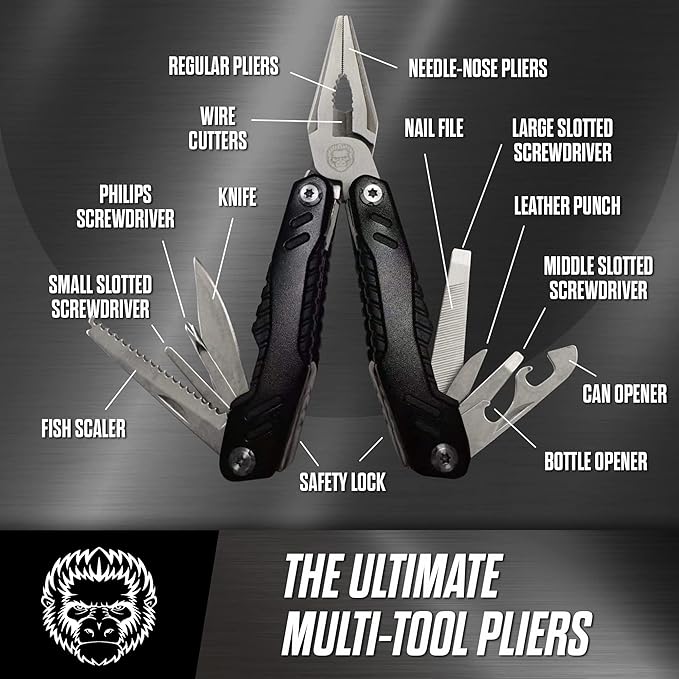 Holtzman's Gorilla Survival 3 Piece Pocket Multitool Utility Knife Gift Set (Black)