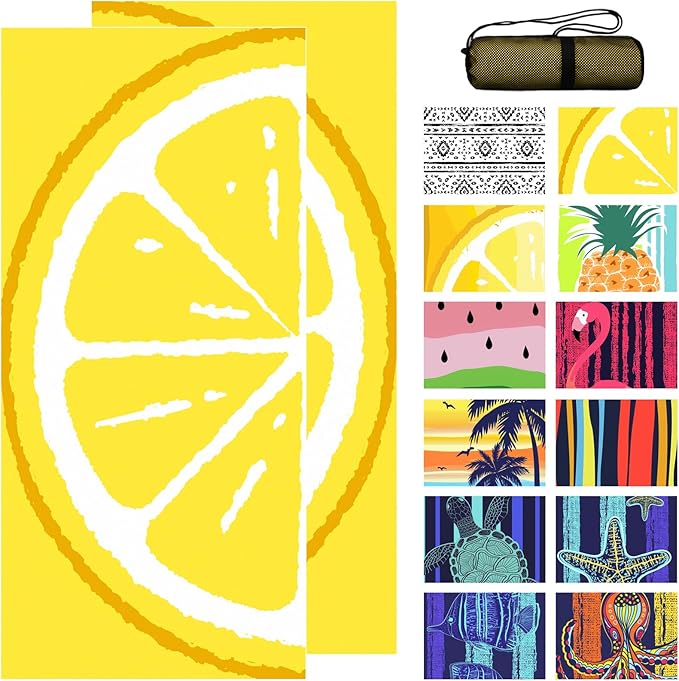 Bnuitland Yellow Lemon Beach Towel (35X75 inches), Oversized Absorbent Quick Drying Sand Free, Cute Fruit Towels for Travel Swimming Pool Picnic, 90% Polyester and 10% Polyamide