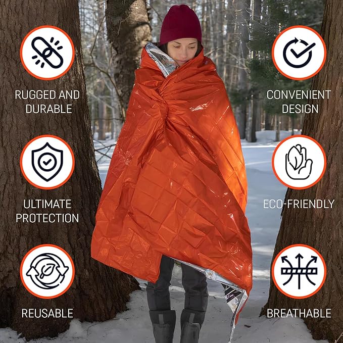 4 Pack Emergency Mylar Thermal Blankets Orange Foil Space Blanket for Outdoor Hiking Camping Shelter Car First Aid Travel Gear Equipment Survival Kit, B04-O, Full