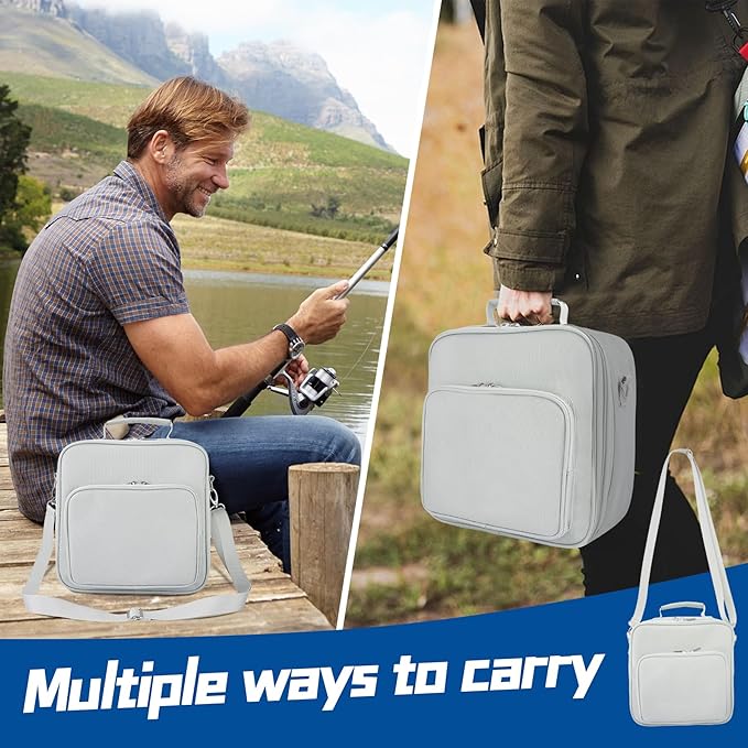 Fishing Reel Case with Shockproof Dividers & Multiple Pockets, Fathers Day Gift for Dad Men, Waterproof Fishing Tackle Bag for Spinning Baitcasting Fly Reels (Grey)