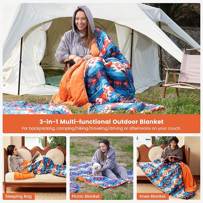 Cozy Bliss Puffy Outdoor Camping Blanket, Sleeping Bag, Picnic Mat-3 in 1 Multi Use, Warm Down Alternative Filled, Lightweight Packable for Hiking Travel Stadium Concerts, Gift for Children 63"x78"