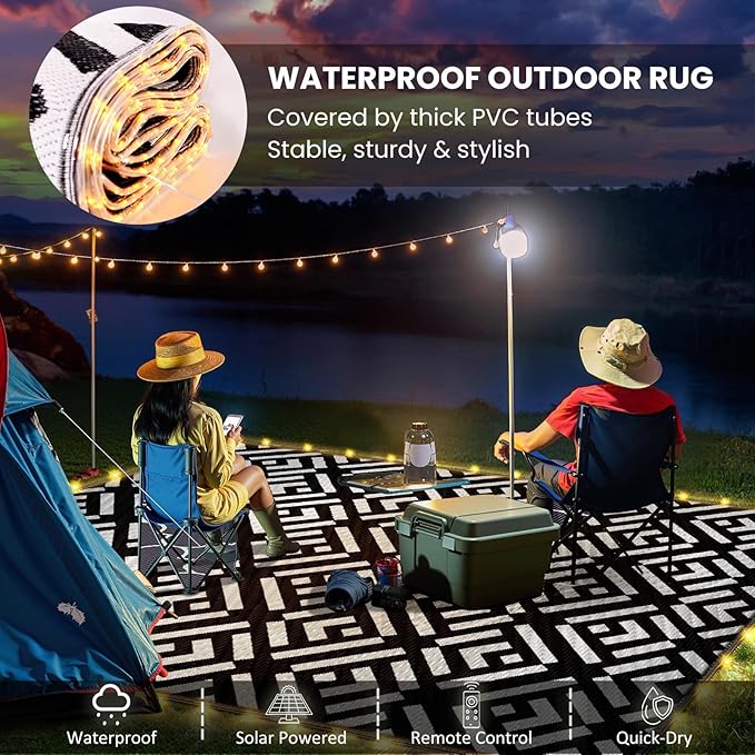 Outdoor Rug 6x9Ft, Solar Powered Outdoor Camping Rug with 93LEDs Strip Lights, Waterproof Plastic Reversible Outdoor Straw Rug, Rug Mat for RV Camping Patio Beach Balcony House Deck Picnic