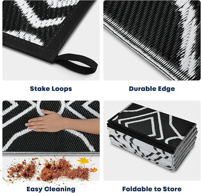 Kohree Outdoor Rugs 9x12 Patios Clearance, Outdoor Patio Rug Waterproof, Outdoor Carpet Camping Mat Rug for RV, Deck, Backyard, Picnic, Porch, with 4 Stakes and 1 Carry Bag, Black, Easy to Clean