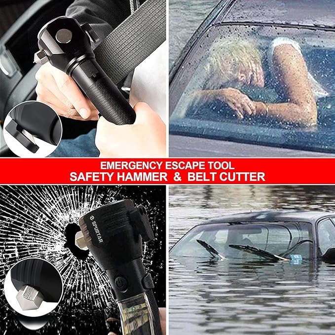 Spurtar Solar Powered Flashlight 2 Packs 2000mah USB Rechargeable Tactical Torch, Emergency Flashlights with Car Hammer Seat Belt Cutter Compass & Magnet 7 Modes, Emergency Car Kit