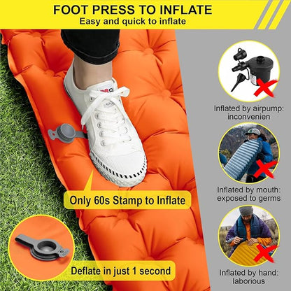 Double Sleeping Pad for Camping 4" Extra-Thick Camping Mat for 2 Person with Pillow Built-in Foot Pump, Ultralight Portable Inflatable Sleeping Mat for Backpacking Hiking Traveling(Orange)