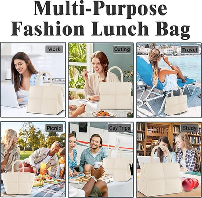 Coobiiya Stylish Lunch Box Lunch Bag for Women Men, Ultralight Thickened Leakproof Quilted Puffer Lunch Cooler Tote, Adult Small Cute Reusable Insulated Lunch Box for Work, Office, Travel (White)