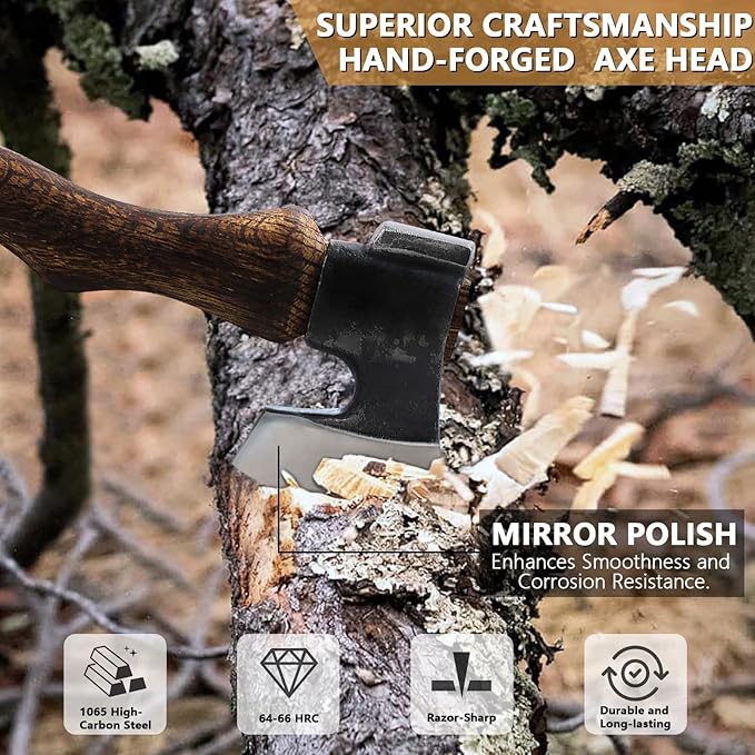 11.6" Hatchet, Camping Axe, Hand Forged Axe with Sheath, Bushcraft Axe with 1065 Carbon Steel and Beech Handle for Wood Splitting and Chopping Gardening