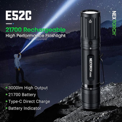 NEXTORCH E52C Rechargeable Flashlight High Lumen, 3000 Lumen Tactical Flashlight with 3 Mode & Strobe for Outdoor Hiking, Daily Overhaul, Camping, Proximity Finding, Urban Commuting, Emergency Defense