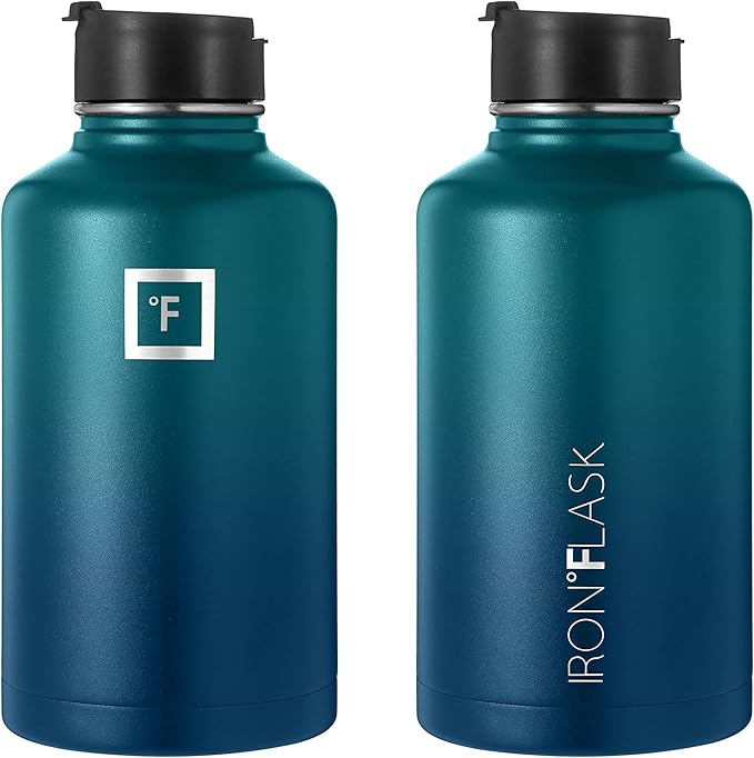 IRON °FLASK Camping & Hiking Hydration Flask, Wide Mouth, 3 Straw Lids, Stainless Steel Outdoor Water Bottle, Double Walled, Insulated Thermos, Metal Canteen - Dark Night, 64 Oz