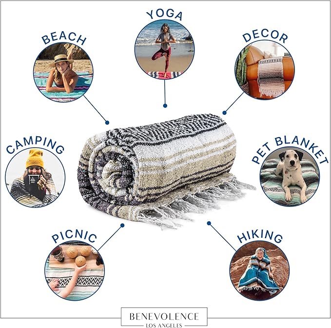 Benevolence LA Authentic Handwoven Mexican Blanket, Yoga Blanket - Perfect Outdoor Picnic Blanket, Beach Blanket, Camping Blanket, Equestrian Saddle Blanket, Serape Blanket 50x70 inches - 1 Blanket