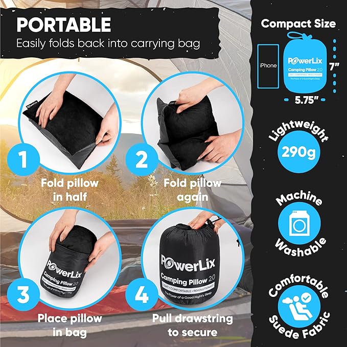 POWERLIX Camping Pillow - Memory Foam Washable/Inflatable Camp Pillow for Backpacking Hiking Camping Picnic,Travel Pillow for Airplanes,Compressible Backpacking Pillow,Machine Washable Cover