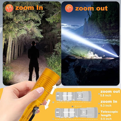 Small Tactical Flashlights 20000 High Lumens - 1500 Meters Long Beam Super Bright LED Magnetic Flashlight USB Rechargeable Zoomable 5Modes Long Beam Spotlight Flashlight for Hiking, Camping-Gold