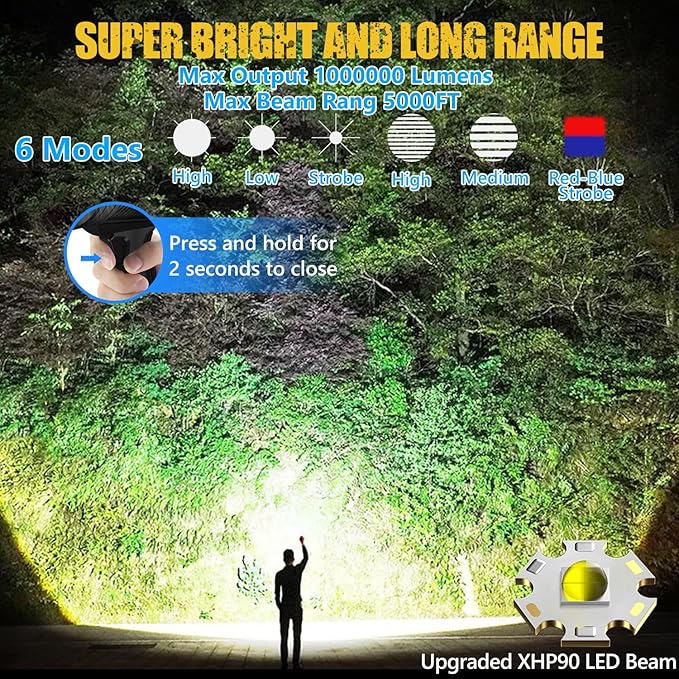 1000000 Lumens Spotlight, 6 Modes Super Bright Rechargeable Spotlight Flashlight, IPX6 Waterproof Outdoor Handheld Spot Lights for Marine Hunting Boating, XXX-Large with Tripod