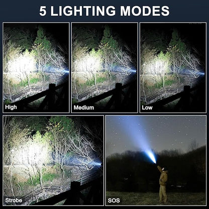 Flashlights High Lumens, 3500 Lumen Rechargeable flashlights, Flash Light with Five Modes, Super Bright Flashlight, Zoomable for Outdoors