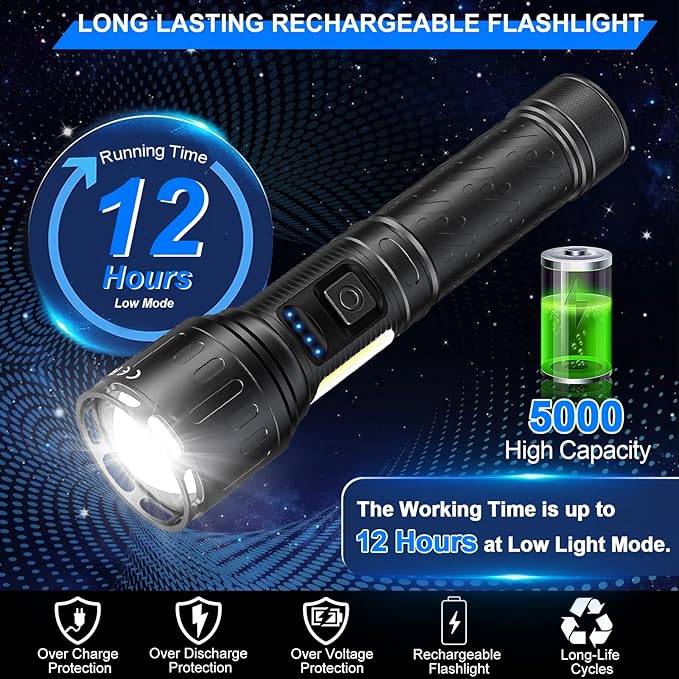 Rechargeable Magnetic Flashlights 100,000 High Lumens, Super Bright LED Powerful Flashlight 8 Modes with COB Work Light, Waterproof Handheld Flash Light for Camping (1 Pack with Paper Box, Black)