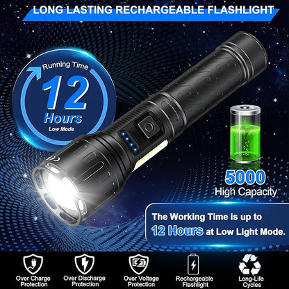 Rechargeable Magnetic Flashlights 100,000 High Lumens, Super Bright LED Powerful Flashlight 8 Modes with COB Work Light, Waterproof Handheld Flash Light for Camping (1 Pack with Paper Box, Black)