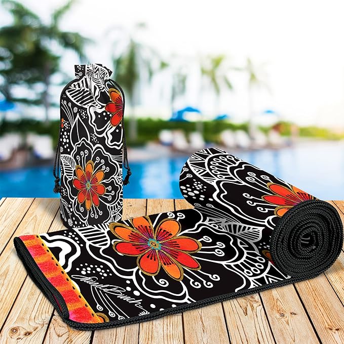 Laurel Burch Orange Blossoms Large Oversized Microfiber Beach Towel - 40x63 Inches, Sand-Free, Quick-Drying, Ultra-Soft, Ideal for Travel, Pool, and Yoga - Includes Matching Drawstring Travel Pouch