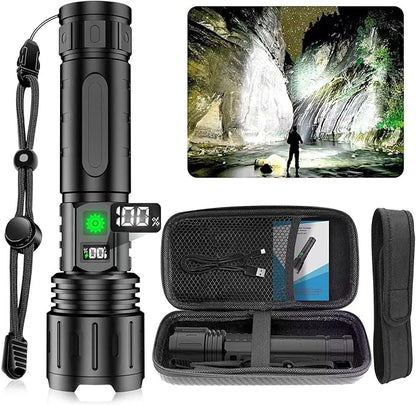 DanByte Rechargeable Flashlights 100000 High Lumens- 1500 Meters Long Beam LED Flash Light with Belt Holsters,Waterproof,Power Display,Zoomable,5 Modes Rechargeable Flashlight for Camping