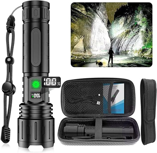 DanByte Rechargeable Flashlights 100000 High Lumens- 1500 Meters Long Beam LED Flash Light with Belt Holsters,Waterproof,Power Display,Zoomable,5 Modes Rechargeable Flashlight for Camping