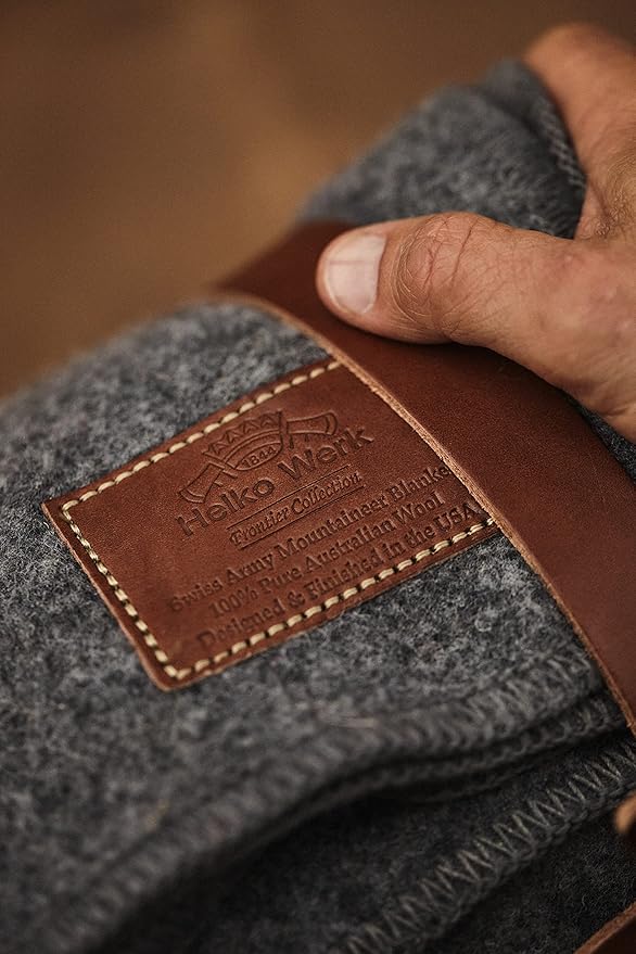 1844 Helko Werk Germany Swiss Army Mountaineer Blanket - 100% Fine Grade Australian Wool - 460 GSM Wool Warm and Durable Premium Quality Australian Made Includes Leather Carrier (Swiss Blanket) #F1150