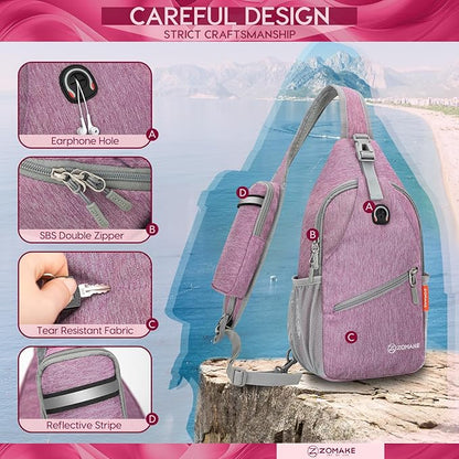 ZOMAKE Small Sling Bag, Travel Sling Backpack, Waterproof Hiking Cycling Crossbody pack for Men Women(Purple)