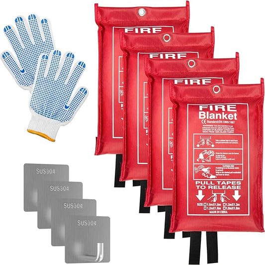 Emergency Fire Blanket (4 Pack, 40 in X 40 in) + 4 Hooks & 1 Gloves, Fiberglass Fireproof Fire Blanket for Home and Kitchen, Camping, Grill, Car, Warehouse