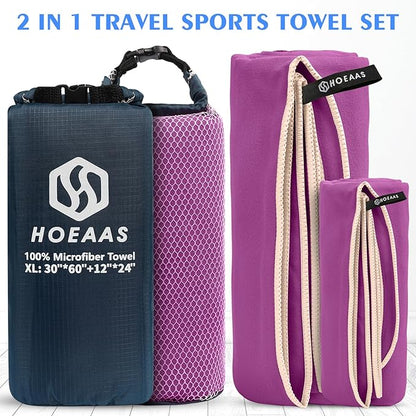 HOEAAS 2 Pack Microfiber Camping Towels, Quick Dry Towel, Super Absorbent Ultra Compact Travel Towel Soft Lightweight Sports Towel for Sweat Fast Drying Towels for Pool,Gym,Hiking,Backpacking,Fitness