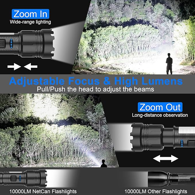 Rechargeable Flashlights High Lumens, 10000LM Powerful Tactical Flashlights, 7 Modes LED Flashlight Adjustable, Brightest Flashlight Waterproof, Handheld Flash Light for Emergencies, Camping, Hiking