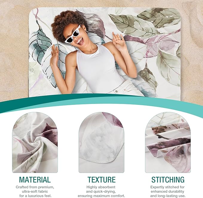 HYSEAS Lightweight Ultra-Thin Beach Towel Blanket, Oversized for Adult 78"X35" - Sand Free, Quick Dry, Perfect for Swimming, Beach, Yoga, Travel, Camping, Essential Beach Accessory & Vacation, Leaves