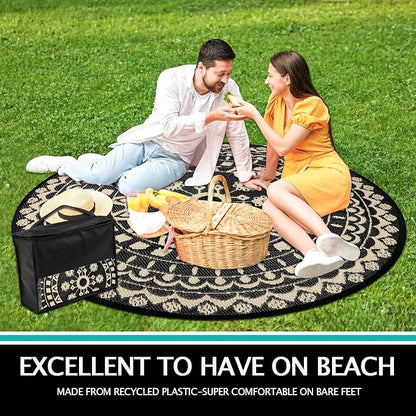 Capslpad 6Ft Round Outdoor Rug for Patio Reversible Mat Waterproof Plastic Straw Rug Boho Circle Indoor Outside Area Rug for RV Camping Picnic Pool Tent Balcony Beach Deck Doormats Decor, Beige