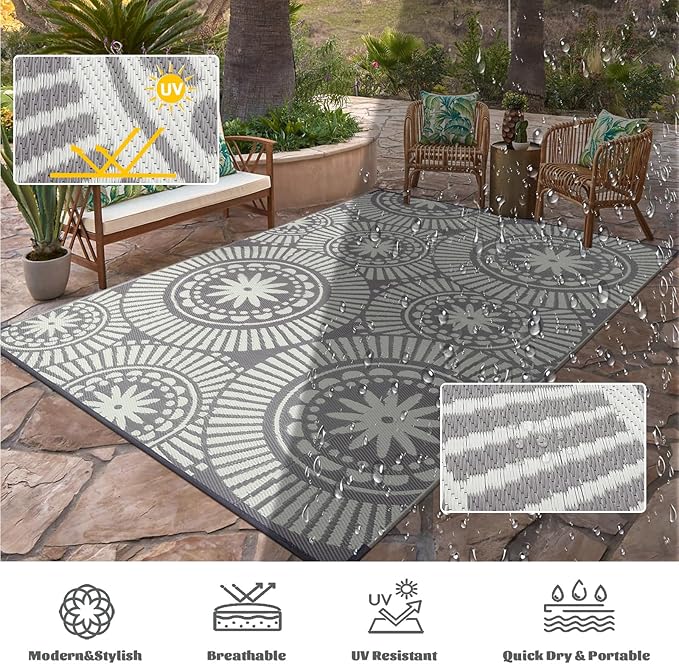 Ileading Outdoor Plastic Straw Rug 8x10ft Modern Geometric Style Reversible Patio Area Rugs Waterproof Non Shedding Portable Carpets for Rv Outside Deck Pool Beach Picnic Camping (Grey)