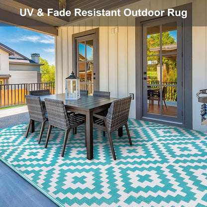 Outdoor Patio Plastic Straw Rug - 9'x12' Outdoor Camping Rug Waterproof Reversible, Area Carpet Patios Clearance RV, Outside Porch Balcony Deck for Camper, Blue & White