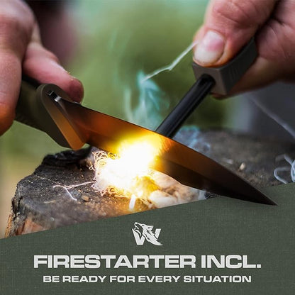 WOLF-III Full Tang Survival Knife with Fire Starter and Sheath - Stylish Tactical Fixed Blade Knife - Made of D2 Steel - Bushcraft and Camping Knife - With Belt Loop, Plug Lock & Multi Lok