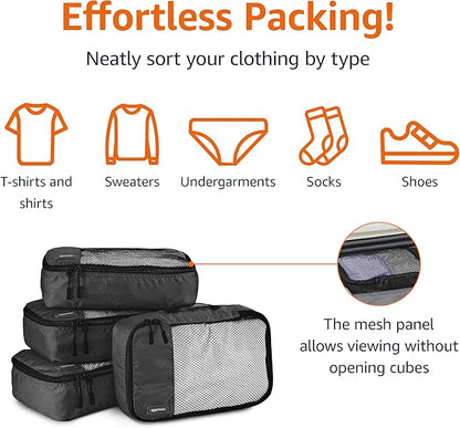 Amazon Basics Small Packing Cubes for Travel, Packing Organizers, 4-Piece-Set With Double Zipper Pulls and Mesh Top Panel, 100% Durable Polyester, Black, 11"L x 6.8"W x 3"H