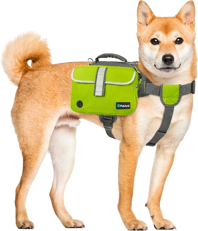 PetAmi Dog Backpack for Medium Large Dogs, Dog Saddle Bag for Dogs to Wear, Harness Saddlebag with Reflective Safety Side Pockets for Hiking, Camping, Vest Dog Pack for Travel (Green, Large)