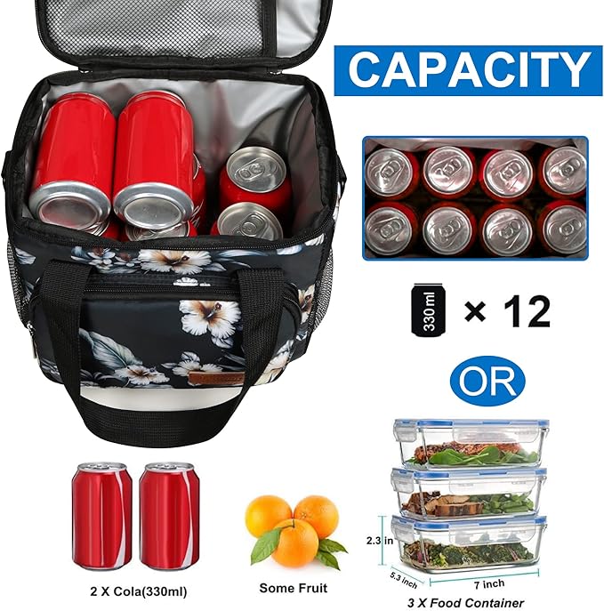 Femuar Lunch Bags for Women/Men, Insulated Lunch Bag for Work Office Picnic - Lunch Cooler Bag Leakproof Lunch Box with Adjustable Shoulder Strap - Hibiscus