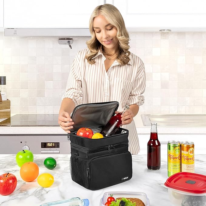 opux Insulated 2 Deck Lunch Bag for Men Women, Large Dual Compartment Cooler Bag for Work School Picnic, Leakproof with Strap for Kid Adult (Black)