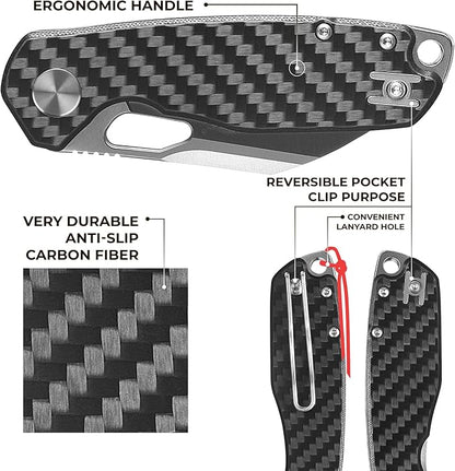 Firebird GANZO FH924-CF Ball Bearing Pocket Folding Knife Wharncliffe D2 Steel Blade G10 Anti-Slip Handle with Clip Camping Hunting Fishing Folder Outdoor EDC Pocket Knife (Carbon Fiber Black)