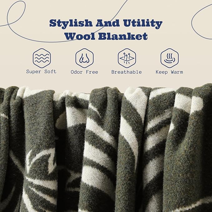ACUSHLA Merino Wool Blanket - Soft Warm Thick Washable Large Throw Blanket for Camping Bed Couch Outdoor Travel All Weather, Rainforest Green 79X63