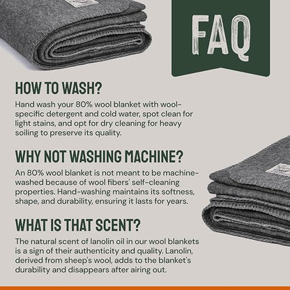 Woolly Mammoth Woolen Co. | Extra Large Merino Wool Camp Blanket | Perfect Outdoor Gear | Bedroll for Bushcraft, Camping, Trekking, Hiking, Survival, or Throw Blanket at the Cabin (Gray), 66" x 90"