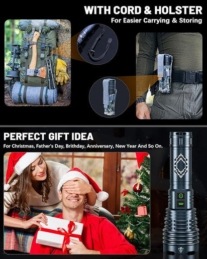 Rechargeable Flashlights 2000000 High Lumens Super Bright LED Flashlight Flash Light Powered by Battery|25H Long Life|Holster|Zoomable 6Modes|Waterproof Tactical Flashlights for Camping Outdoor Home