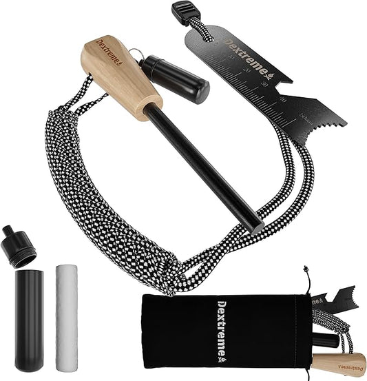 Dextreme Ferro Rod Flint Fire Starter Kit with Handcrafted Wood Handle, Coton Tinder, Transport Bag Multi-Tool Striker Paracord Lanyard for Camping Gear 12,000+ Strikes 5/16'' Thick Bushcraft Survival