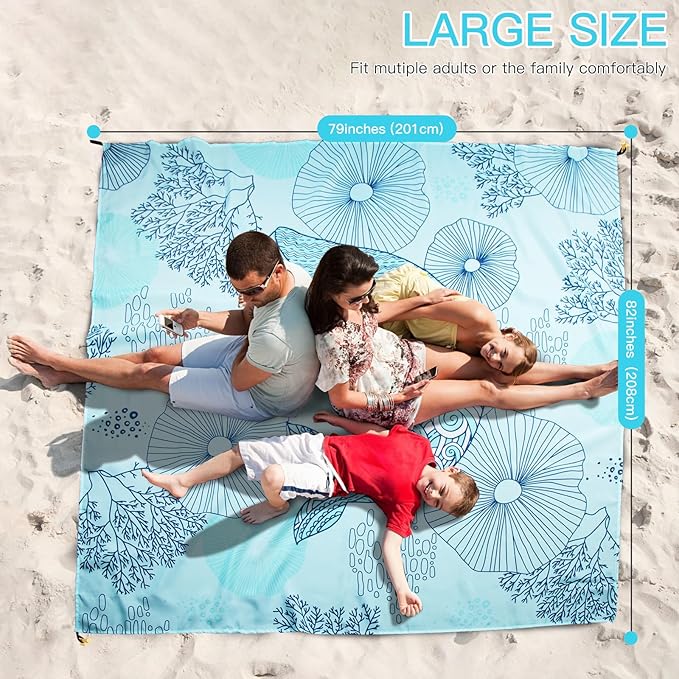 Airensky Beach Blanket, Sandproof Beach Mat 79" X 82" for 4-7 Adults, Large Waterproof Beach Blanket Quick Drying Lightweight Beach Blanket with 4 Stakes for Travel Camping Hiking(Blue Whale)