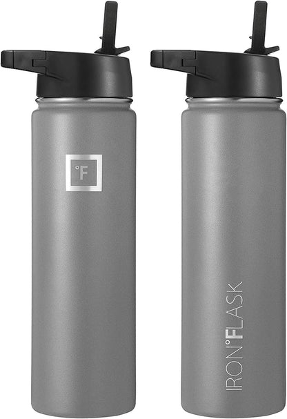 IRON °FLASK Sports Water Bottle - Wide Mouth with 3 Straw Lids - Stainless Steel Gym & Outdoor Bottles for Men, Women & Kids - Double Walled, Insulated Thermos, Metal Canteen - Graphite, 22 Oz
